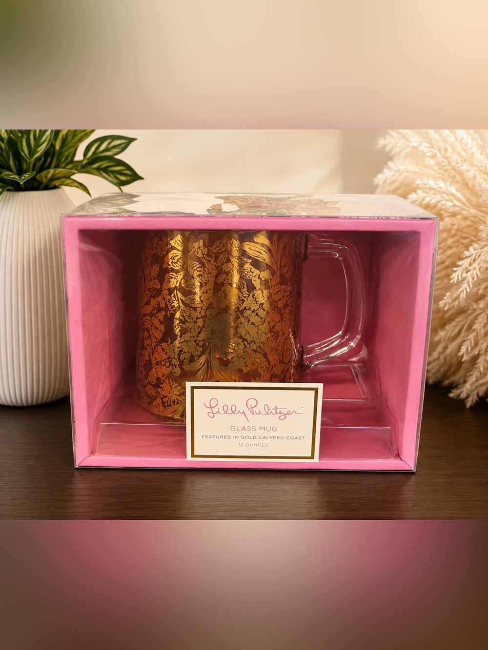 Lilly Pulitzer Gold Floral Glass Mug 12oz